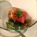 fatty toro with fried garlic chips