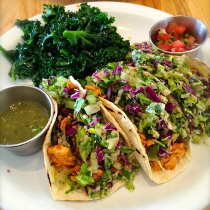 salmon tacos with roasted kale (Fresh Corn Grill)