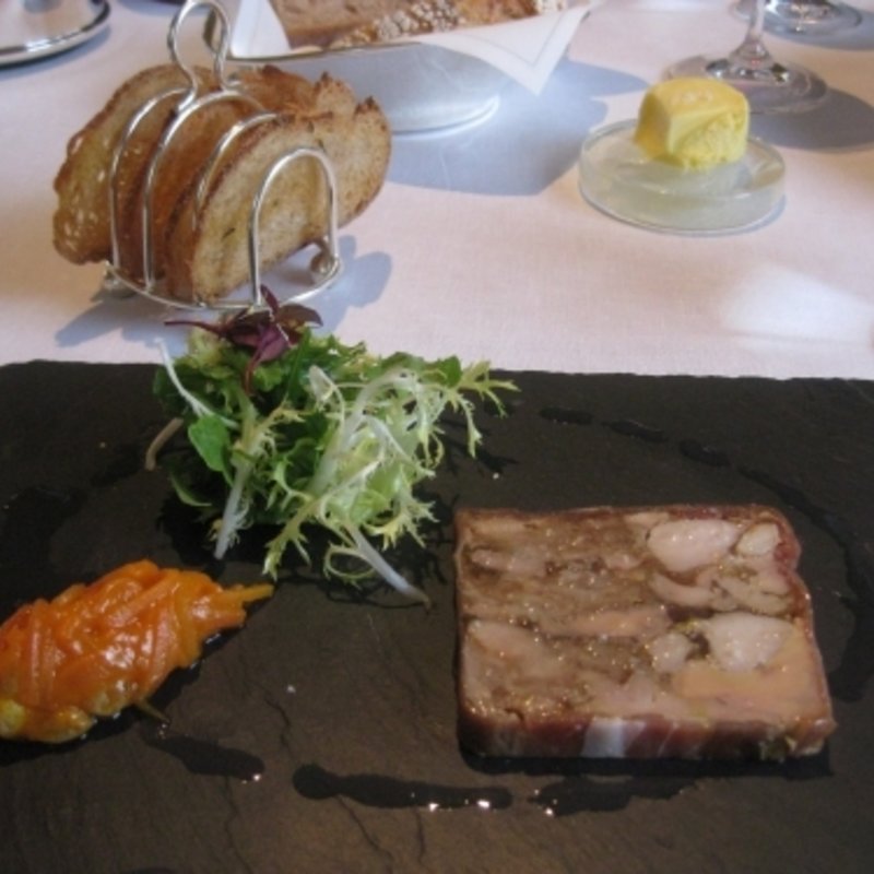 Pressed rabbit and foie gras mosaic with carrot chutney and a hazelnut salad(Petrus)