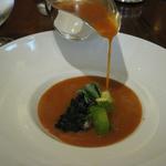Chilled gazpacho, slow cooked octopus, ink, aioli, cucumber(maze)