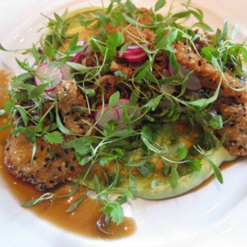 Marinated mackerel, king prawn beignets, avocado puree, radish, coriander, soy and sesame(LA TROMPETTE)