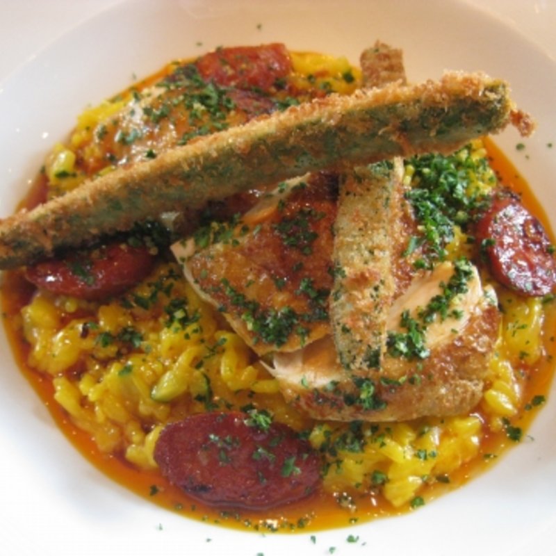 Roast breast of poulet noir, courgette and chorizo risotto, courgette fritters, lemon, garlic and parsley(LA TROMPETTE)