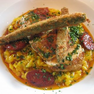 Roast breast of poulet noir, courgette and chorizo risotto, courgette fritters, lemon, garlic and parsley(LA TROMPETTE)