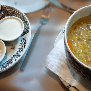 Sauerkraut soup served with pork ribs glazed in honey and mustard and fried potatoes(Restaurant "1221")