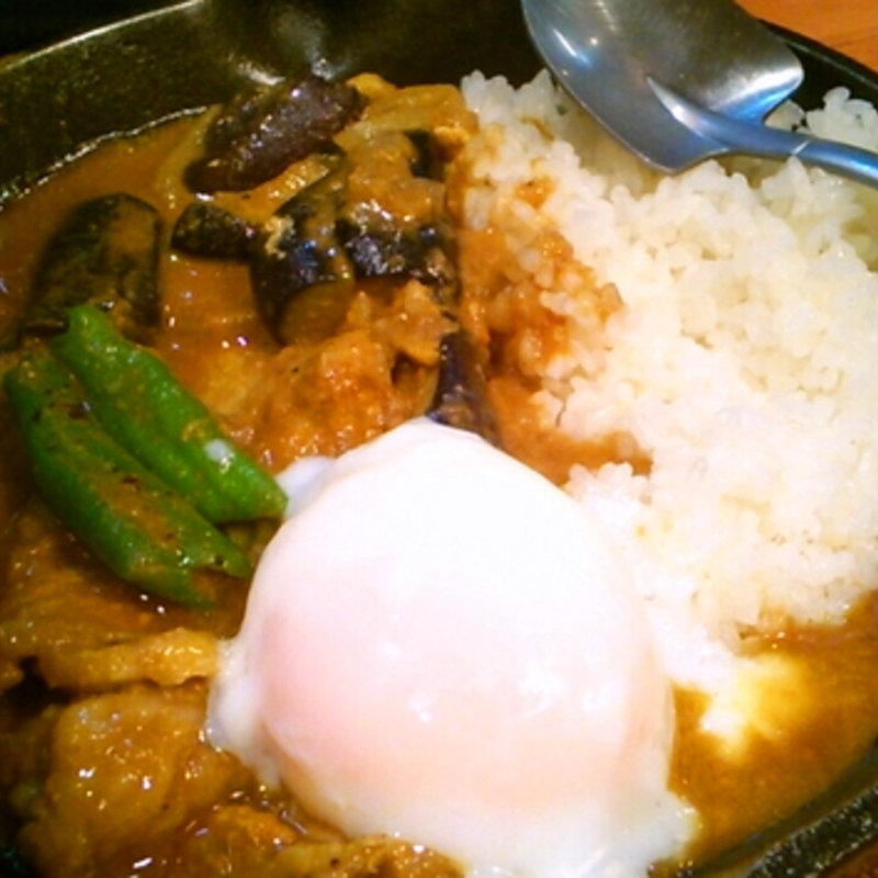 ナスと豚肉のカレー+温卵 (キャンプエクスプレス エミオ所沢店)