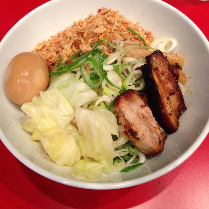 味玉まぜそば大、揚げネギトッピング。 (まぜそば七)