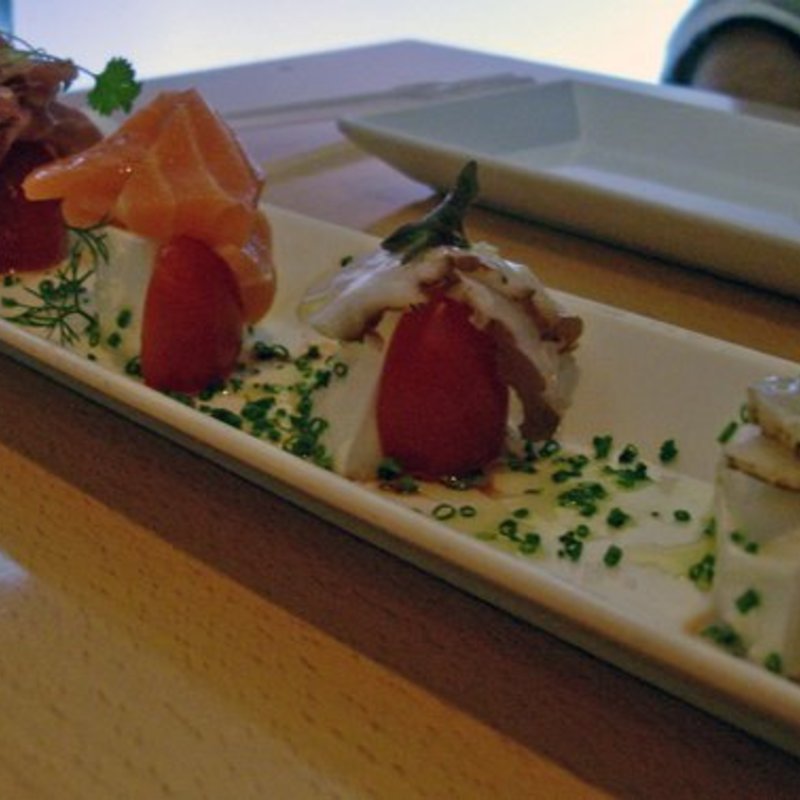 Fresh buffalo mozarella, sashimi, micro basil, and extra virgin olive oil(Morimoto)