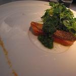 Seared Red Canadian Salmon with Bushel of Micro-Greens and Cold Cucumber Garnish