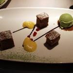 Chestnut cake with green tea ice cream and passion fruit sorbet