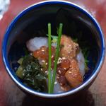 Raw shrimp, raw sea urchin and salmon roe