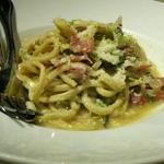 Tonnarelli with speck, Brussels sprouts, parm