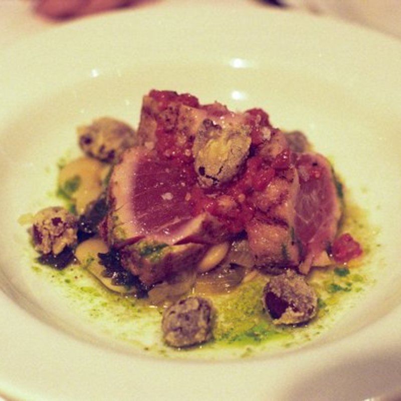 Grilled Fennel-Spiced Yellowfin Tuna, Corona Beans, Escarole, Chili Oil, and Crispy Olives(Union Square Cafe)