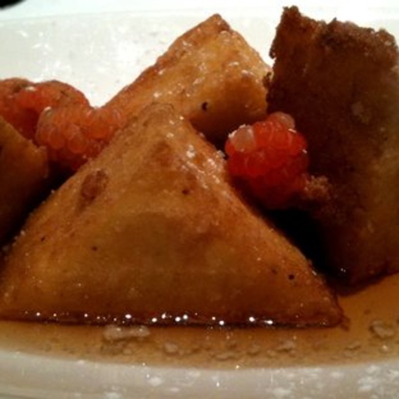 Crispy polenta in crown maple syrup with golden & red raspberries(Union Square Cafe)