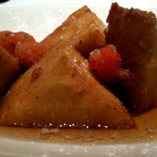 Crispy polenta in crown maple syrup with golden & red raspberries(Union Square Cafe)