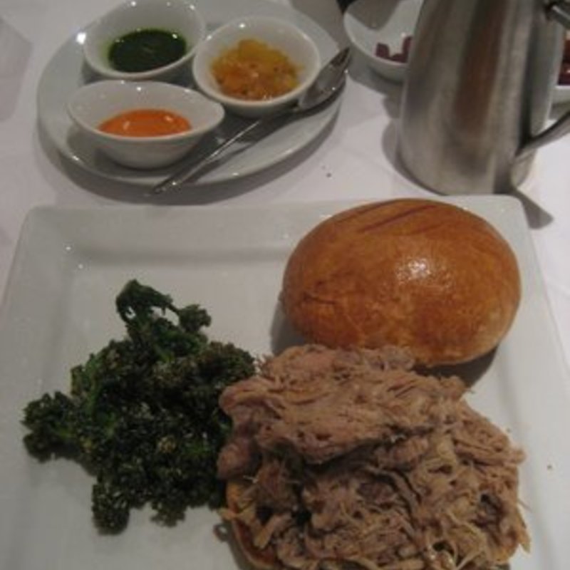 Roasted Pulled Pork Sandwich with Fruited Mustard, Salsa Rossa and Salsa Verde(Union Square Cafe)