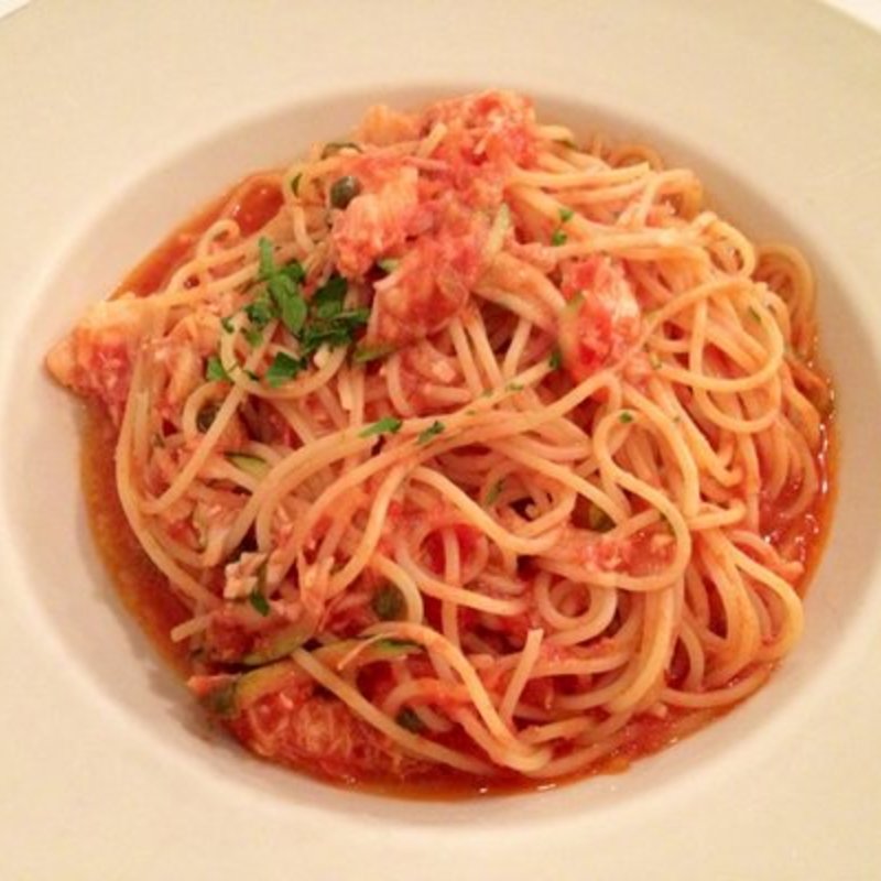 Chilean sea bass ragu, capers, shredded zucchini, spicy tomato sauce(Basta Pasta)