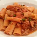 Rigatoni with Italian sausage & peas in a spicy tomato sauce