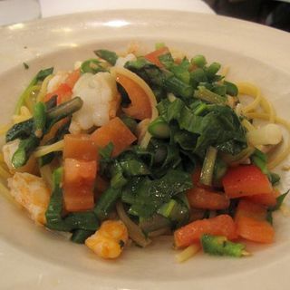 spaghetti, shrimp, ramps, asparagus, jalapenos, fresh tomatoes, olive oil(Basta Pasta)