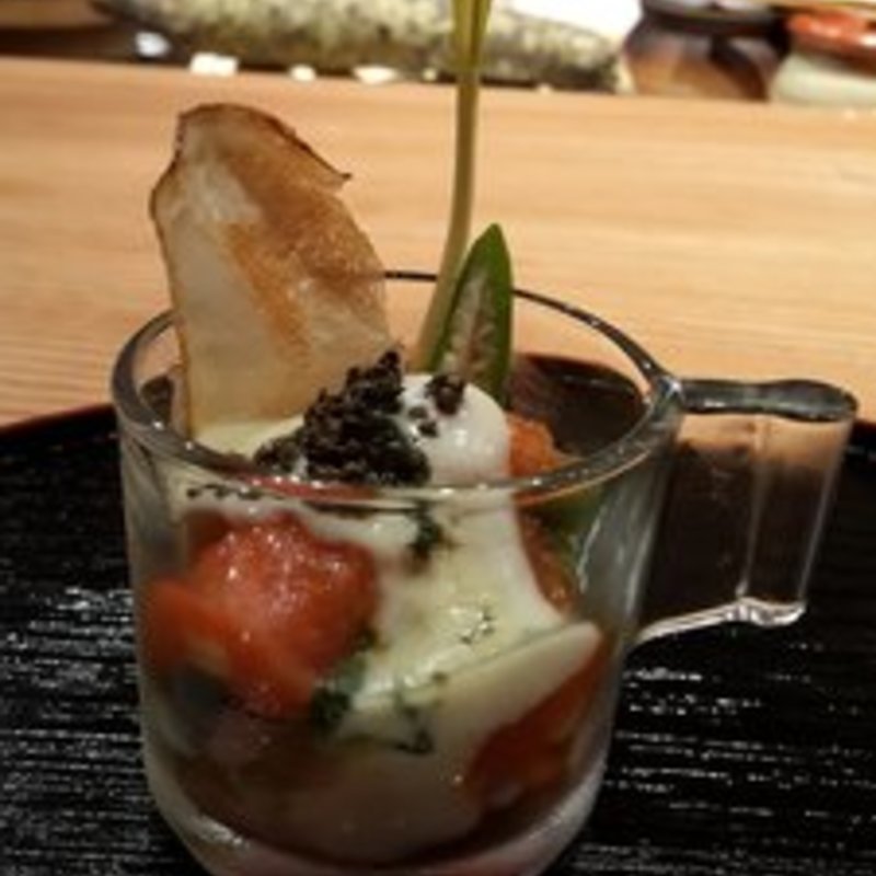 vegetable medley gazpacho (baby okra, corn, tomato, potato chip, sprout, celery, young potato, tofu creme)(Cagen Japan Restaurant)