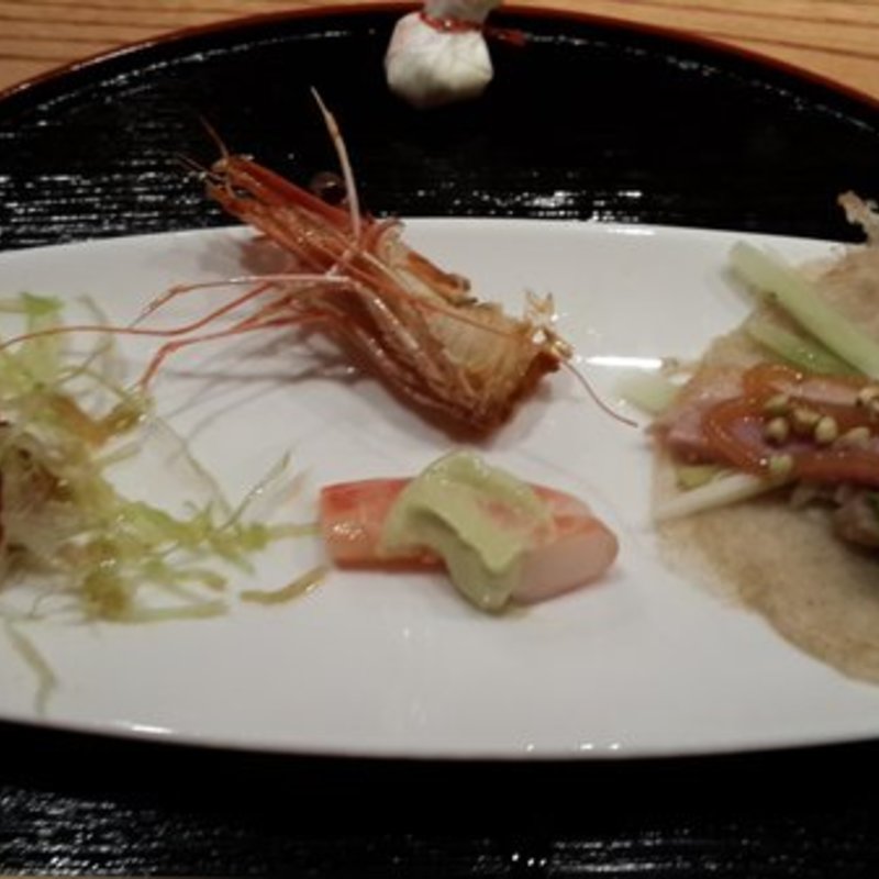japanese ham tonkatsu, shredded cabbage, flash fried shrimp head & poached shrimp with wasabi creme, duck buckwheat crepe(Cagen Japan Restaurant)