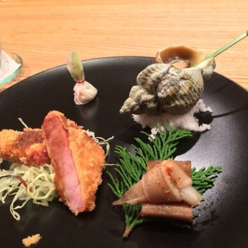 Smoked Ham Katsu, Grilled Flounder, Snail, Goat Cheese with Wasabi Palate Cleanser(Cagen Japan Restaurant)