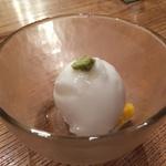 Lemon sorbet with wasabi and yuzu oil and mangos