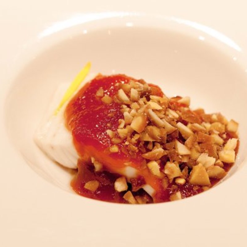 Steamed Branzini, Eggplant, Crushed Chestnuts, Sweet Miso Sauce(Cagen Japan Restaurant)