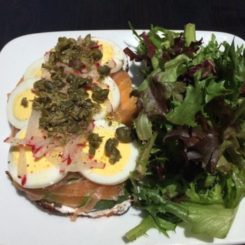 Cured salmon tartine, avocado, capers, hard cooked egg, radish, crème fraiche (The Sycamore Kitchen)