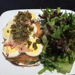 Cured salmon tartine, avocado, capers, hard cooked egg, radish, crème fraiche (The Sycamore Kitchen)