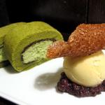green tea roll cake with sake ice cream