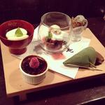 dessert sampler- mochi w red bean, hazelnut brownie, creme brûlée, black sesame ice cream, green tea shortbread