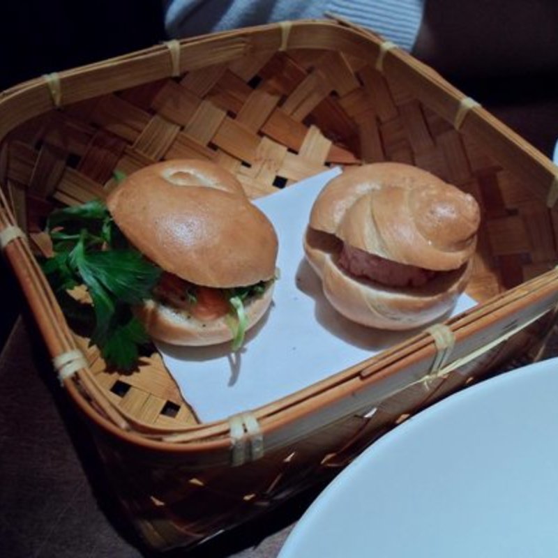 Mini bagels, part of the afternoon tea set. One has a salmon filling and one has a berry cream filling.(Cha-An)