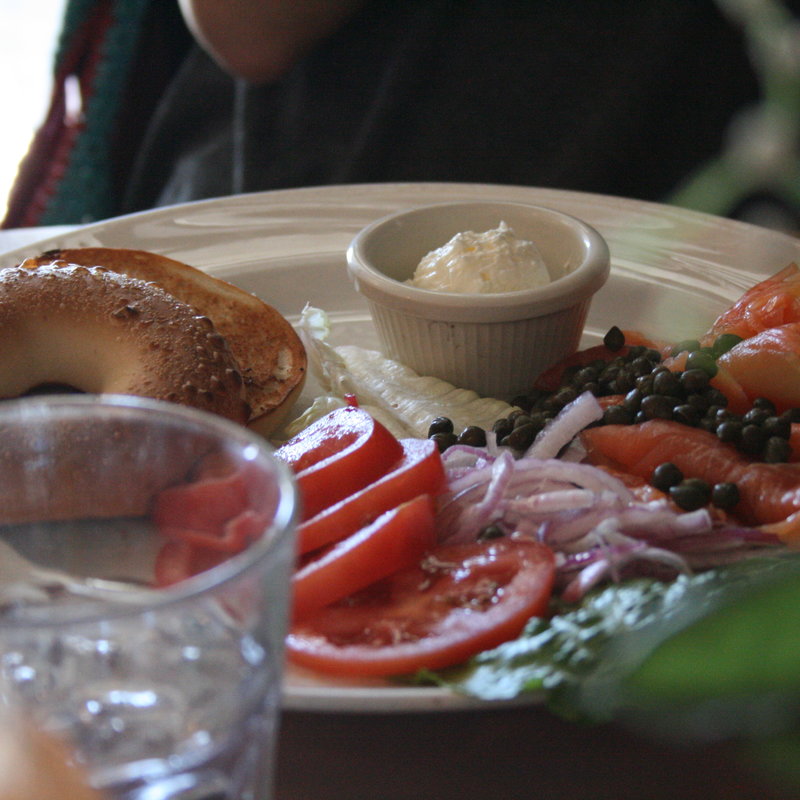 Bagel with cream cheese and smoked salmon (Rosie's Cafe Downtown Tahoe)