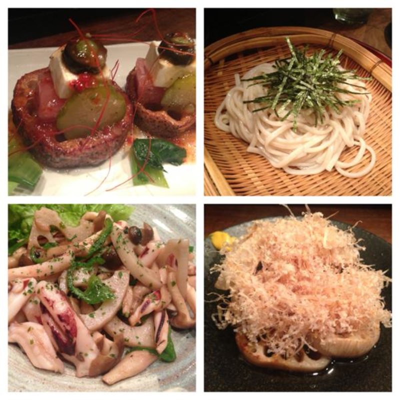 蓮根カナッペ、蓮根麺、蓮根とイカのバター炒め(下町の隠れ家 れんこん)