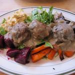 Everything but the Kitchen Sink Salad with Veggie Meatballs and mushroom sauce