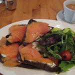 smoked salmon & creme friache on pumpernickel bread with a side of green salad