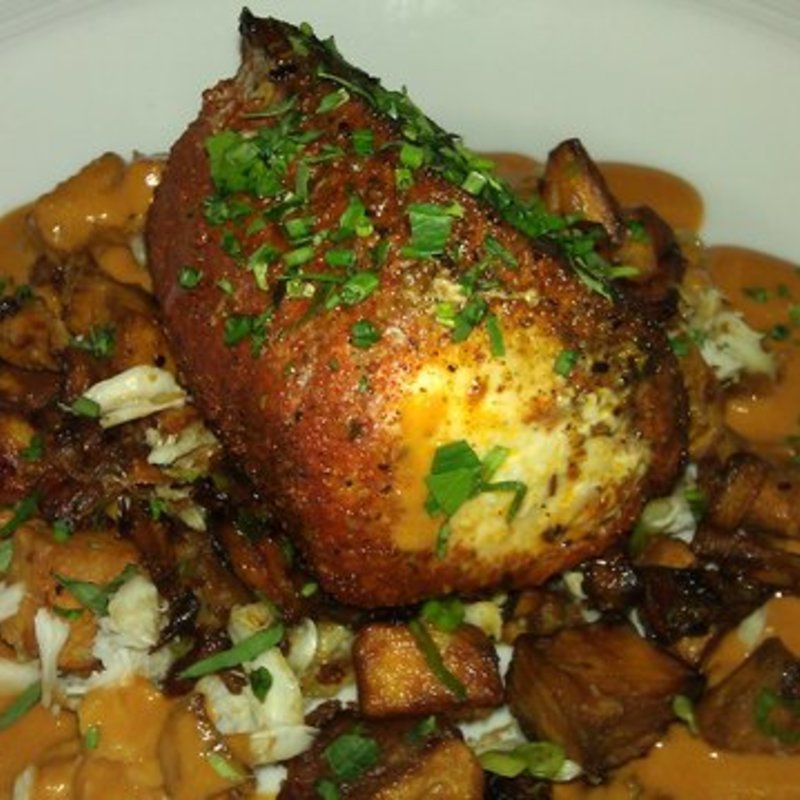 blackened swordfish with lump crab, sweet potato hash, sweet red curry(Blue Water Grill)