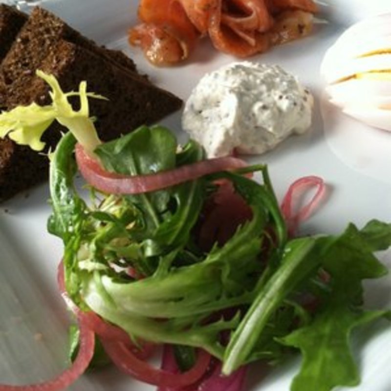 Santa Barbara smoked salmon, pumpernickel, stone ground mustard, eggs, pickled onion(Blue Water Grill)