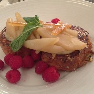 Eggnok stuffed brioche French Toast and roasted pears(Blue Fin)