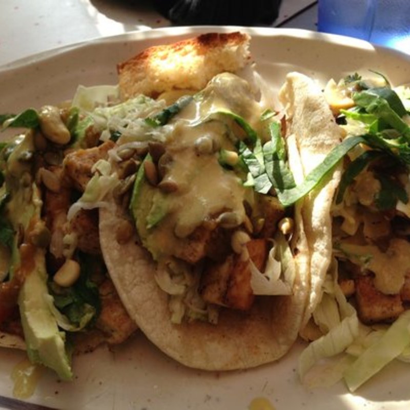Tempeh tacos with avocado and pine nuts(Tribal Cafe)