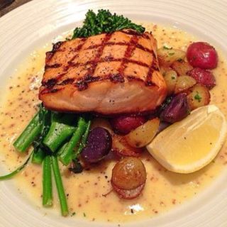 Grilled Salmon with Baby Potatoes, broccolini and mustard yuzu vinaigrette(Blue Fin)