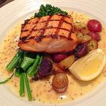Grilled Salmon with Baby Potatoes, broccolini and mustard yuzu vinaigrette