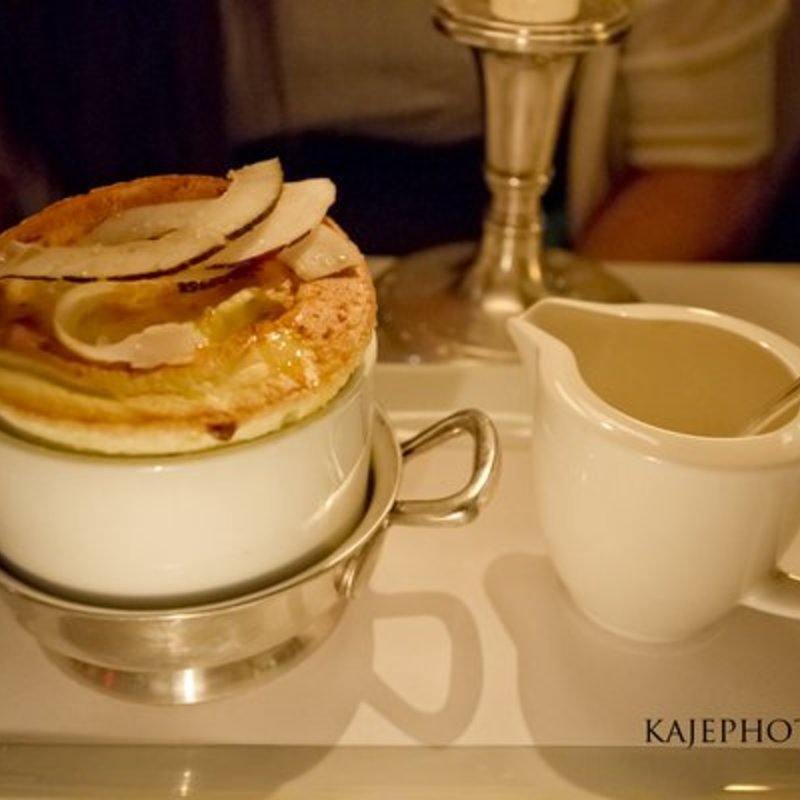 Hot Soufflé (lime soufflé, candied coconut flakes, coconut anglaise)(RIVER CAFE)