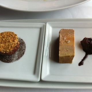 Foie Gras Two Ways, classic pressed terrine with caramelized fig & Banyuls wine poached roulade with coffee, date & almond crust(RIVER CAFE)