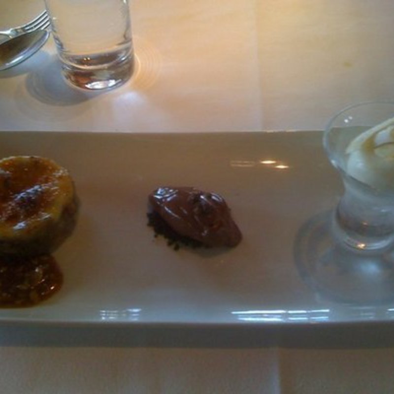 Banana creme brûlée, chocolate ganache pudding, and coconut sorbet(RIVER CAFE)