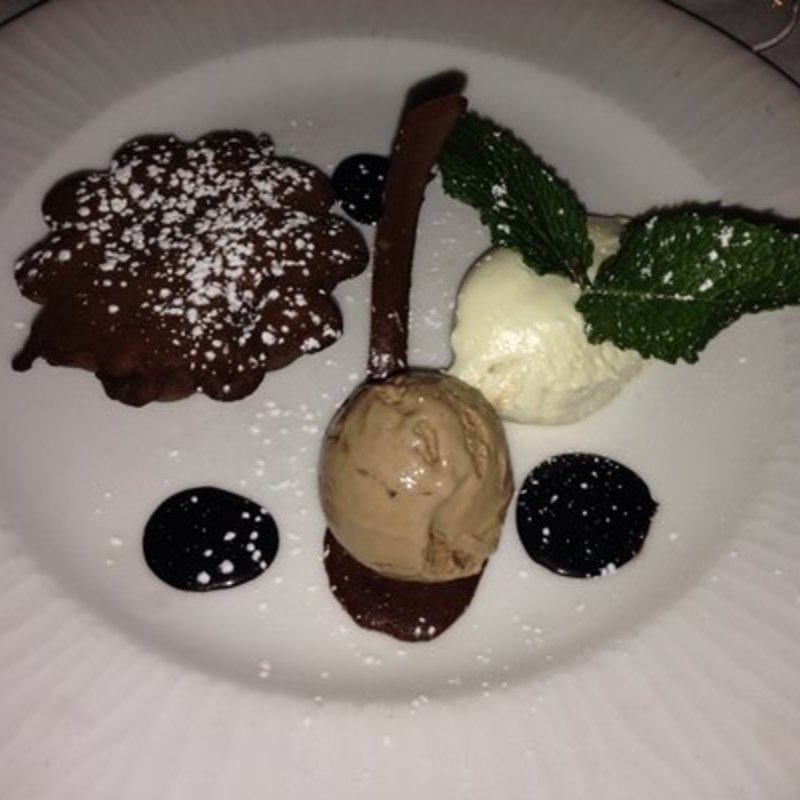 Triple chocolate platter (warm chocolate cake, white chocolate mousse and milk chocolate ice cream with butter,chocolate wafers)(Aquagrill)