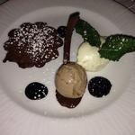Triple chocolate platter (warm chocolate cake, white chocolate mousse and milk chocolate ice cream with butter,chocolate wafers)(Aquagrill)