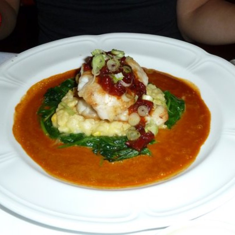 Tilefish over corn risotto and spinach, and topped with chutney(Aquagrill)