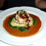 Tilefish over corn risotto and spinach, and topped with chutney