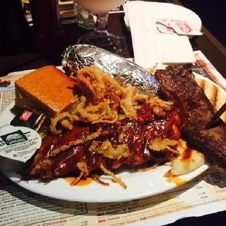 combination ribs with steak, sweet potato , corn bread(Dallas BBQ)